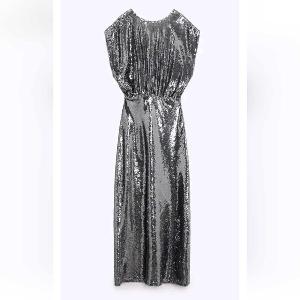 Zara SEQUIN SILVER LONG DRESS GOWN Size S - Picture 11 of 16